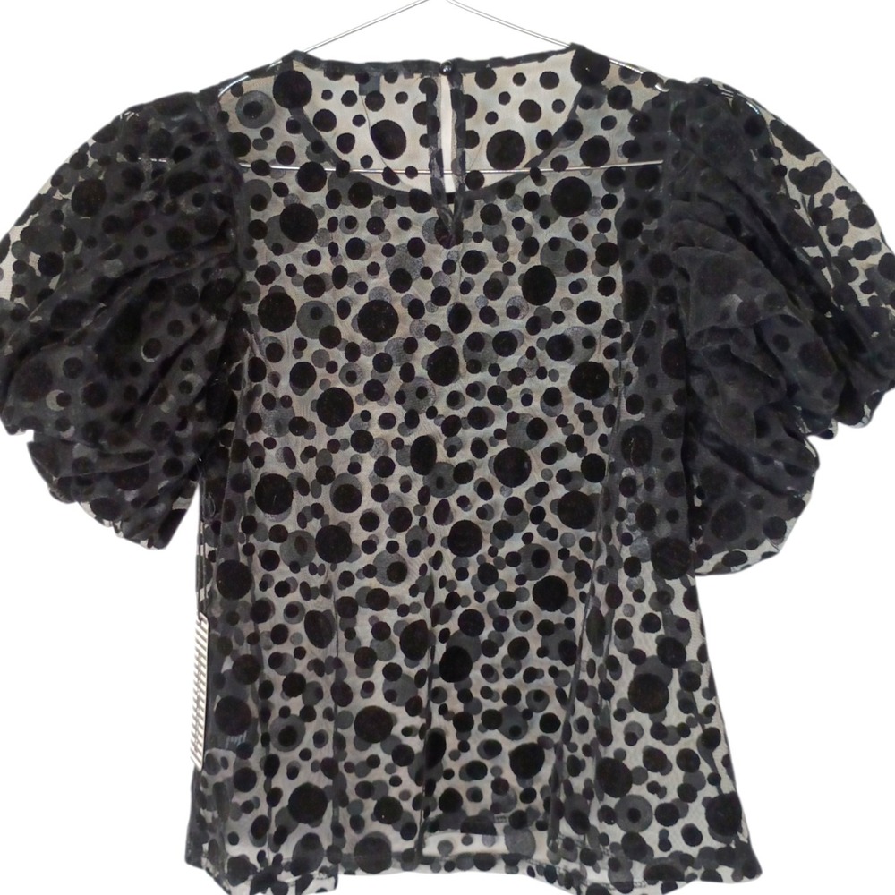 Vintage Haute Monde Womens Black Sheer Mesh Velvet Polka Dot Puff Sleeve Top S
